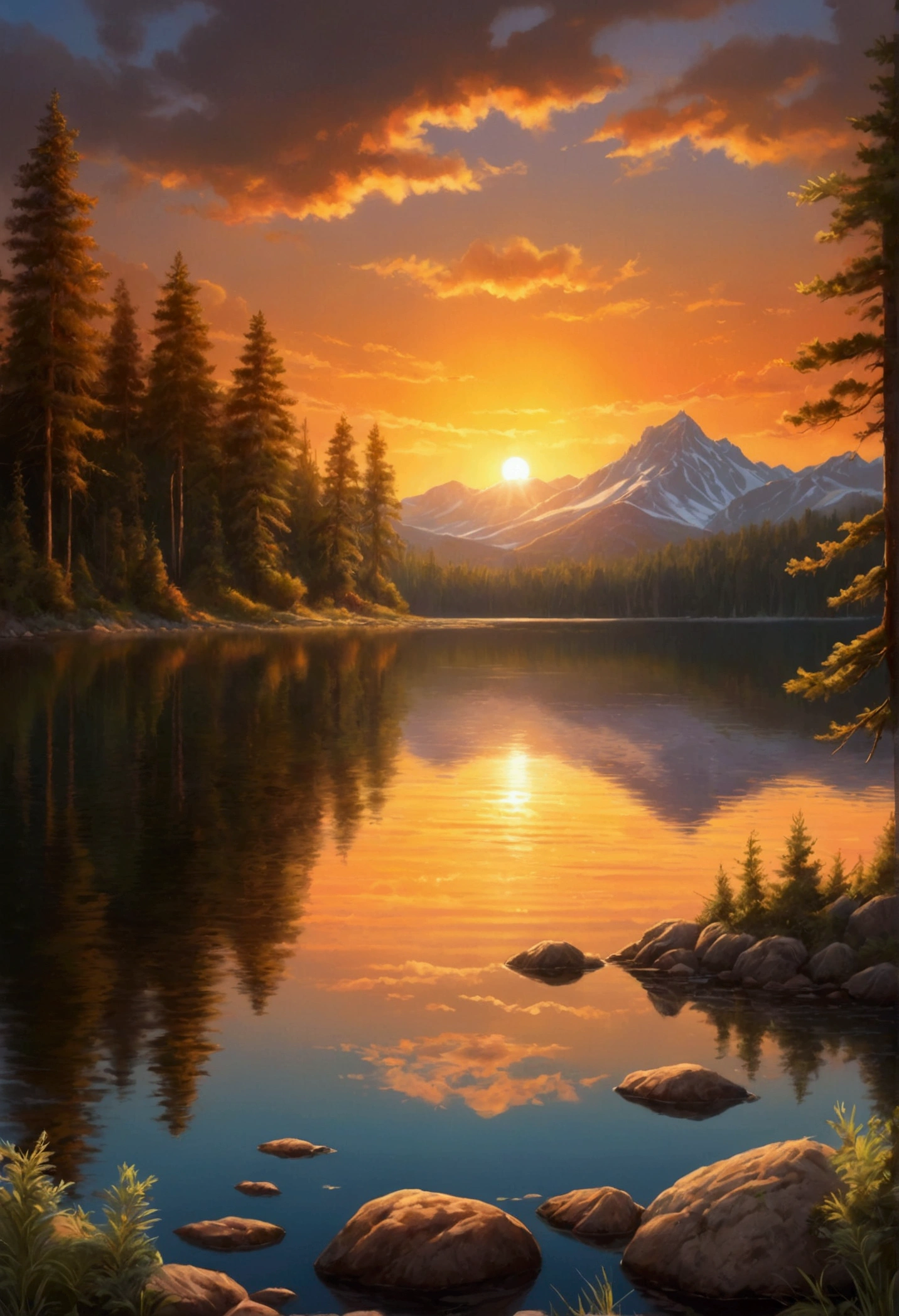 Create an image that depicts a realistic landscape scene at sunset. In the center of the sky, prominently display the setting sun, casting warm, golden rays across the scene. The foreground should include detailed pine trees with realistic textures and intricate reflections on the water of a calm lake. In the background, a mountain range should be visible with detailed textures and lighting to show depth. The sky should have a gradient of warm colors reflecting the sunset, with realistic clouds and atmospheric effects surrounding the sun, highlighting its glow and creating a serene, picturesque landscape."