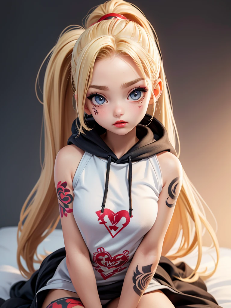 Surreal American Teen, blonde, ponytail,tall, perfect Small body, sexy, Heavy makeup, Perfect slim face, Big Red Lips, Very cute face, , Big eyes, looks young, Mature appearance, 少し few clothes,tattoo,tattoo,tattoo,tattoo,Cut and sew dress ,hoodie,,