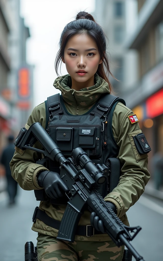 Ultra-high resolution,High-resolution details,Super sexy Korean female soldiers in army camouflage uniforms,Wearing a black military vest,Advanced and complete equipment,fully armed(1 Korean female soldier,Super beautiful,Super fair skin,Super white face)Reveal full breasts, She carries a weapon while patrolling the streets,full-body shot,panoramic,Wide-angle lens