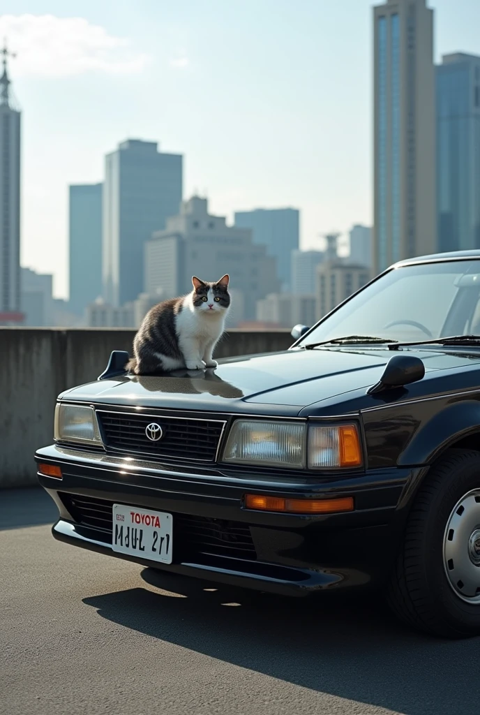 Toyota Corona 1992 black with a gray and white cat on the bumper with Tokyo in the background