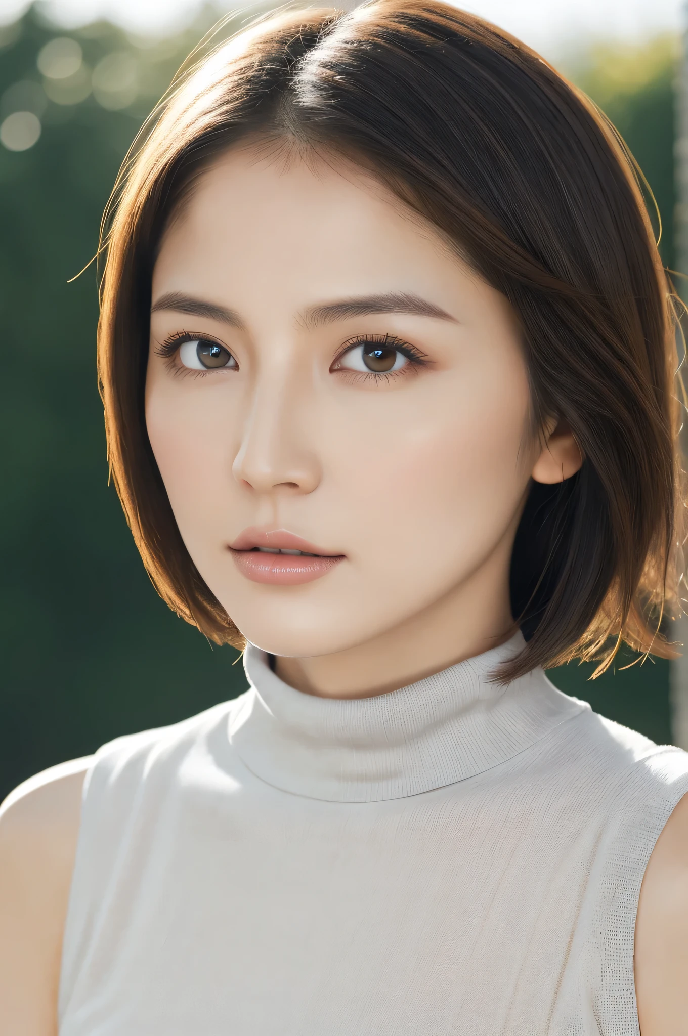 Highest quality, Tabletop, 8k, Best image quality, Award-winning works, One beautiful woman, Age 25, alone, Perfect beautiful composition, Large Breasts, Tight knit for a snug fit, Accentuate your body lines, Very short hair, The perfect turtleneck, sleeveless, and light knit sweater, View your audience, Strongly blurred accurate park background, Standing Elegantly, Droopy eyes, Natural Makeup, Ultra-high resolution beauty face, Ultra HD Hair, Ultra-high resolution sparkling eyes, Ultra-high resolution perfect teeth, Ultra-high resolution, Shiny, Beautiful Skin, Super high quality glossy lip, Accurate anatomy