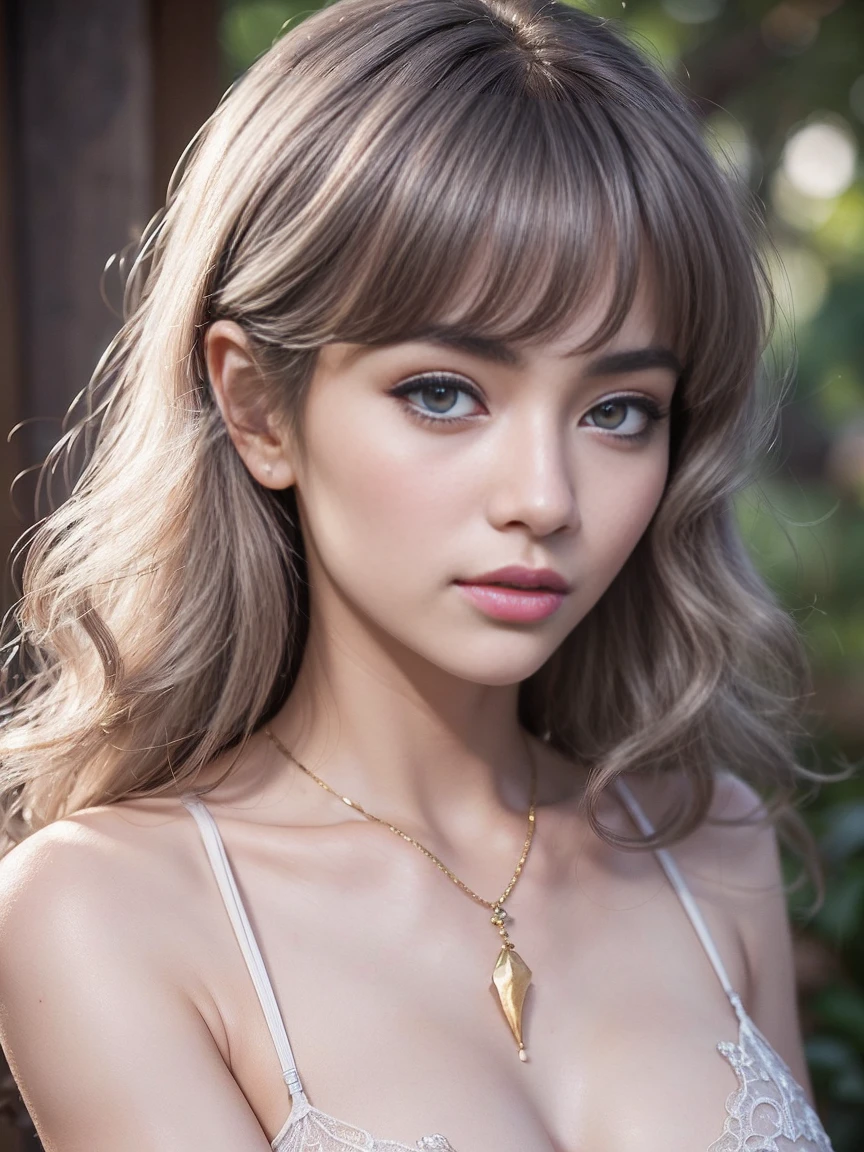 (8K Portrait:1.1、RAW Photos, Highest quality, masterpiece: 1.2)、(Ultra-high resolution:1.1)、(Portraiture, High resolution raw color photos, Professional photos)、Super Resolution、(Realistic, Actual Photos: 1.3),1 person、Very detailed, Very detailed and beautiful, Very detailed, Amazing details、Cute beautiful woman with perfect body: 1.4、Slim Big: 1.2、Full body image、Glowing Skin、Glossy Lips、High resolution face and skin textures、Detailed eyes、double eyelid、(5. hand、Human hand)、Very detailed and focused chest、((Gray hair color、Long Hair、Curly Hair)), ((Bust A cup:1.2))、(High-definition udder、Happy expression), (big diamond necklace)、((Tight Skirt))、((Grab the skirt with both hands))、((Golden lingerie))、((Sexy see-through lingerie:1.2))、((tights:1.1))、((Expose:1.1))、((Expose breasts:1.1))、((Expose crotch:1.2))、((pubic hair:1.1))、((Whole Body Ezbian:1.1、Angle from a distance:1.1))、((Countless bubbles、Countless bubblesがはためく、Fantastic and mysterious landscapes、Unrealistic and surreal landscape))、((Are standing))、((Focus on women))