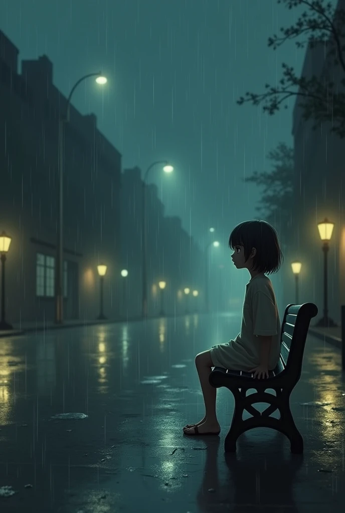 A deserted street under a light rain. A solitary bench with a girl sitting on it, looking out with a distant gaze. Soft streetlights cast a gentle glow, creating a melancholic atmosphere. The girl’s expression is pensive, with raindrops falling around her.