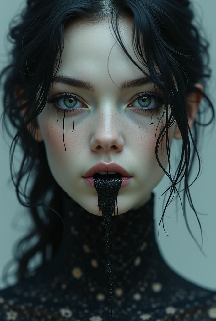 Black haired woman with sky grey eyes, drooling black ink