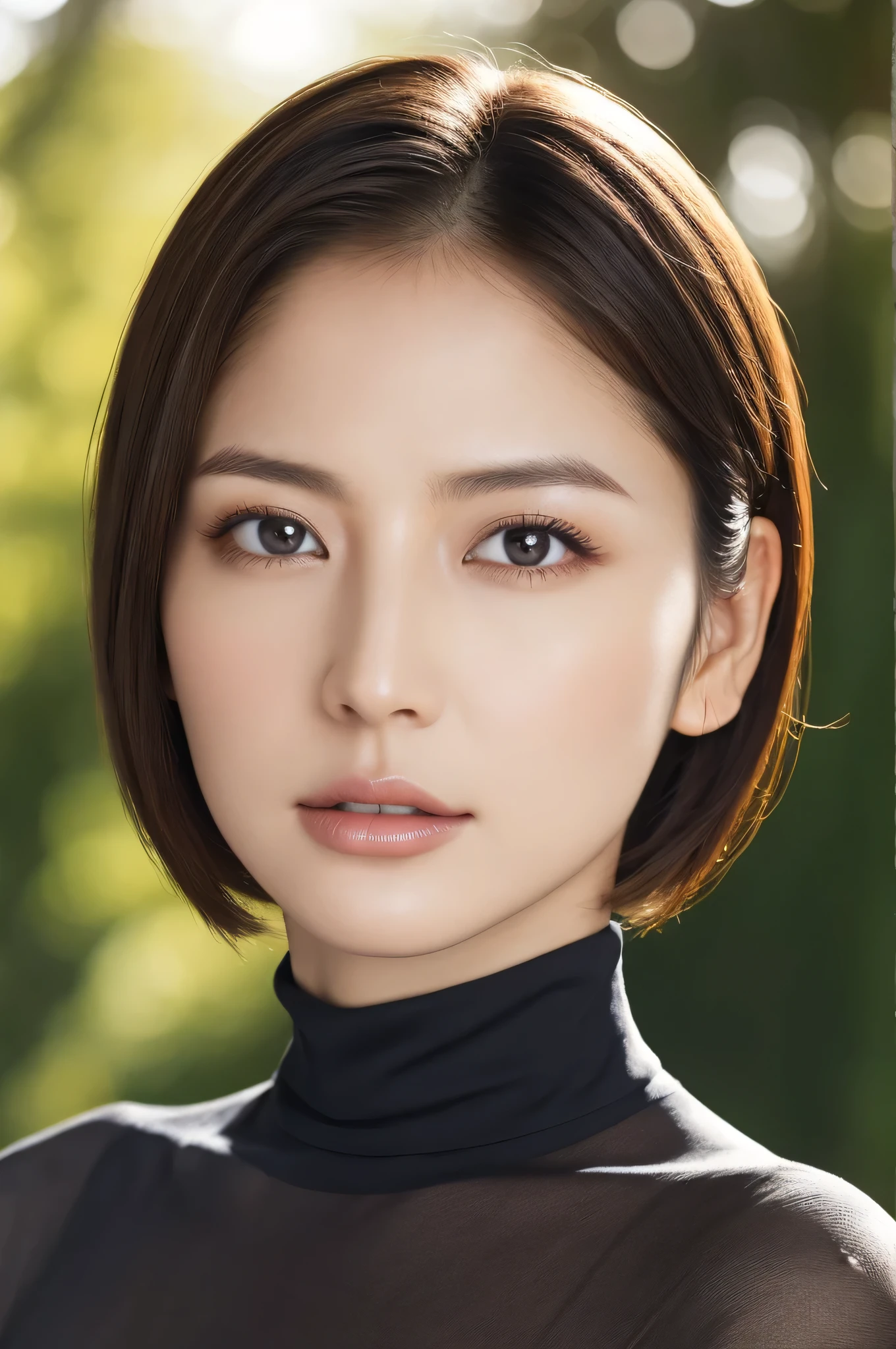 Highest quality, Tabletop, 8k, Best image quality, Award-winning works, One beautiful woman, Age 25, alone, Perfect beautiful composition, Large Breasts, Tight knit for a snug fit, Accentuate your body lines, Very short hair, The perfect turtleneck, sleeveless, and light knit sweater, View your audience, Strongly blurred accurate park background, Standing Elegantly, Droopy eyes, Natural Makeup, Ultra-high resolution beauty face, Ultra HD Hair, Ultra-high resolution sparkling eyes, Ultra-high resolution perfect teeth, Ultra-high resolution, Shiny, Beautiful Skin, Super high quality glossy lip, Accurate anatomy