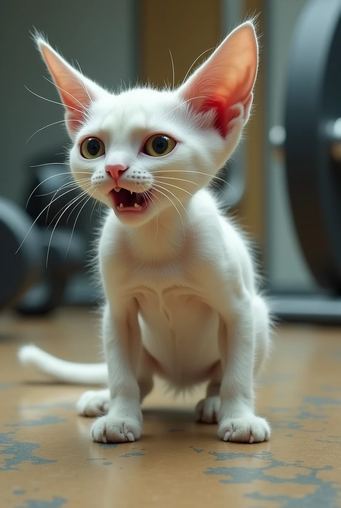 A skinny white cat is doing push-ups in the gym while Crying 