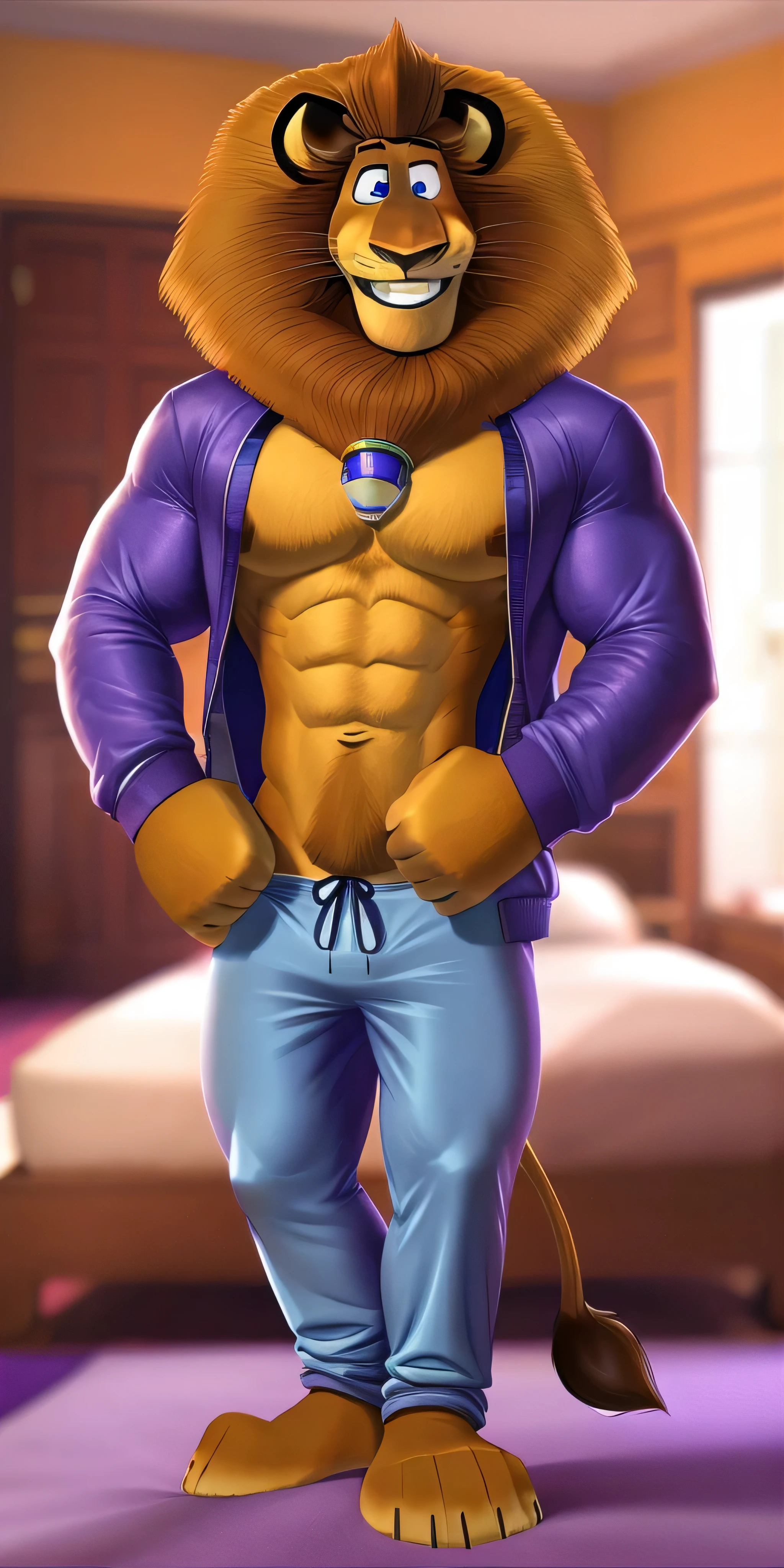 Alex the Lion, muscular body, big biceps, extremely beautiful and cute face, perfectly detailed blue eyes with perfectly detailed pupils, wears purple pajamas jacket, blue pajama pants, bare feet, room background, standing around the bed, gentle look, cute smile