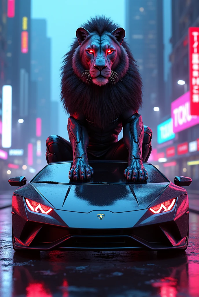 Lion in white glossy cyborg helmet and costume with red glowing eyes sitting on Lamborghini in cyberpunk neon city with blue and pink light 