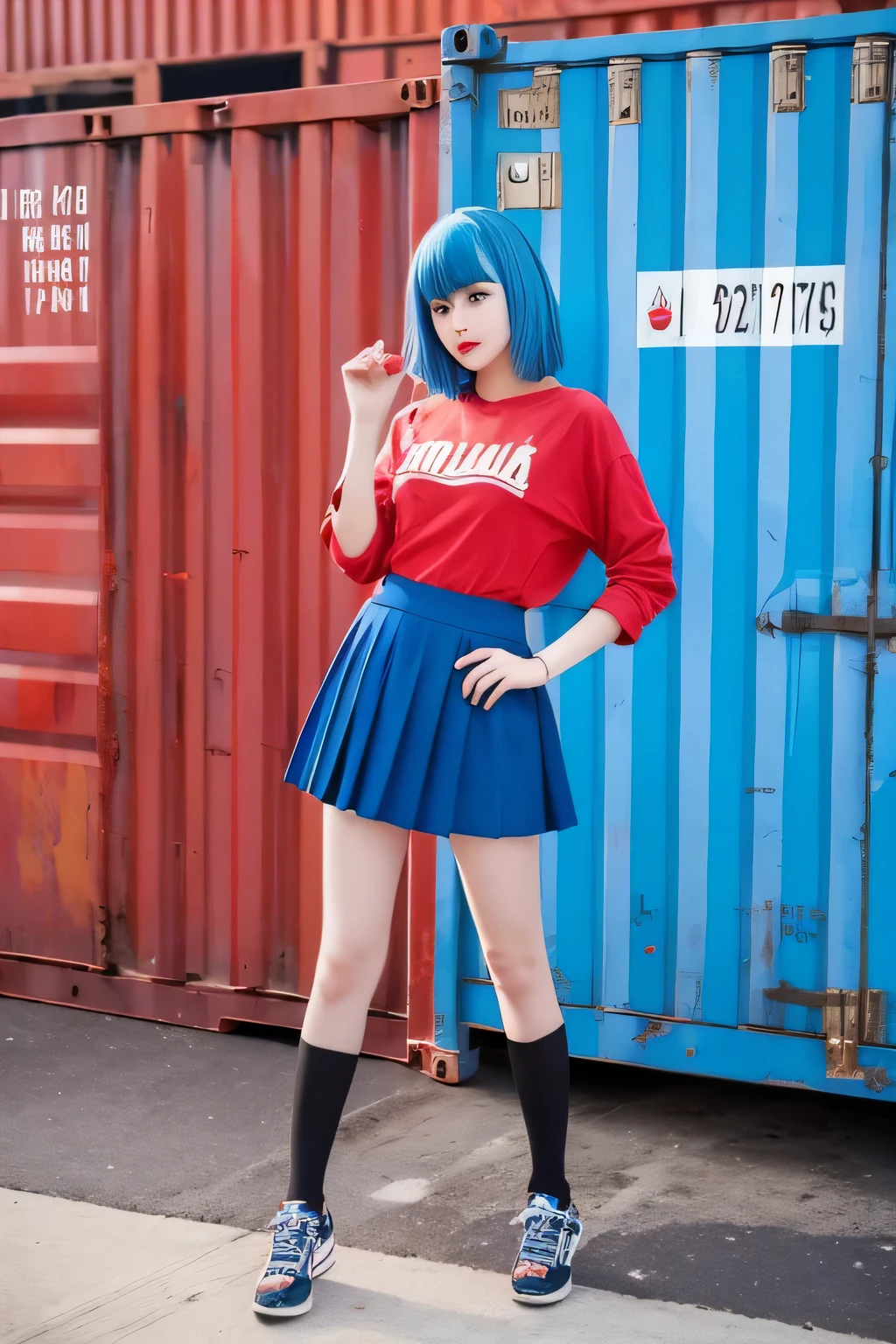 American fashion beauty，Blue hair，Wearing red clothes，and black skirt，full-body shot，Authentic style，Photo pose，Backed by container