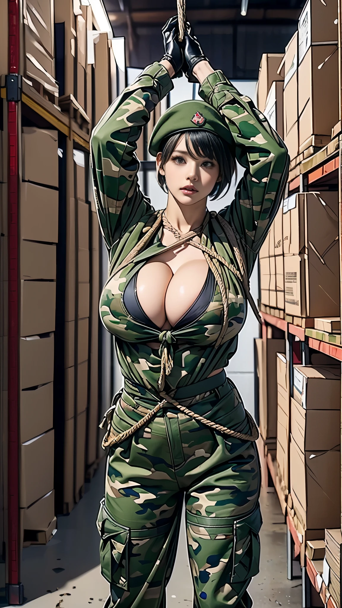 8k、Ultra-high resolution、Highest quality、masterpiece、Realistic、Ultra-high resolution、High-definition RAW color photos、Professional photos、real、photo realistic、(Always big breasts、Definitely a pretty big bust、cleavage)、Vivid lighting、Natural skin texture、Fine skin、Hyperrealism、Intricate details、Depth of written boundary、Adult women、masterpiece、Highest quality、High Detail、Eye highlights、Lip gloss、((A look of contempt、((Short Hair))、Marathon runner,ruins,(((Tied up with rope,In a deserted warehouse at night,Hanged))):1.5))、((Combat Boots、beret,Black Leather Gloves,(Camouflage Cargo Pants,Camouflage pattern jacket,(((A man in military uniform behind)))),arms up:1.6))