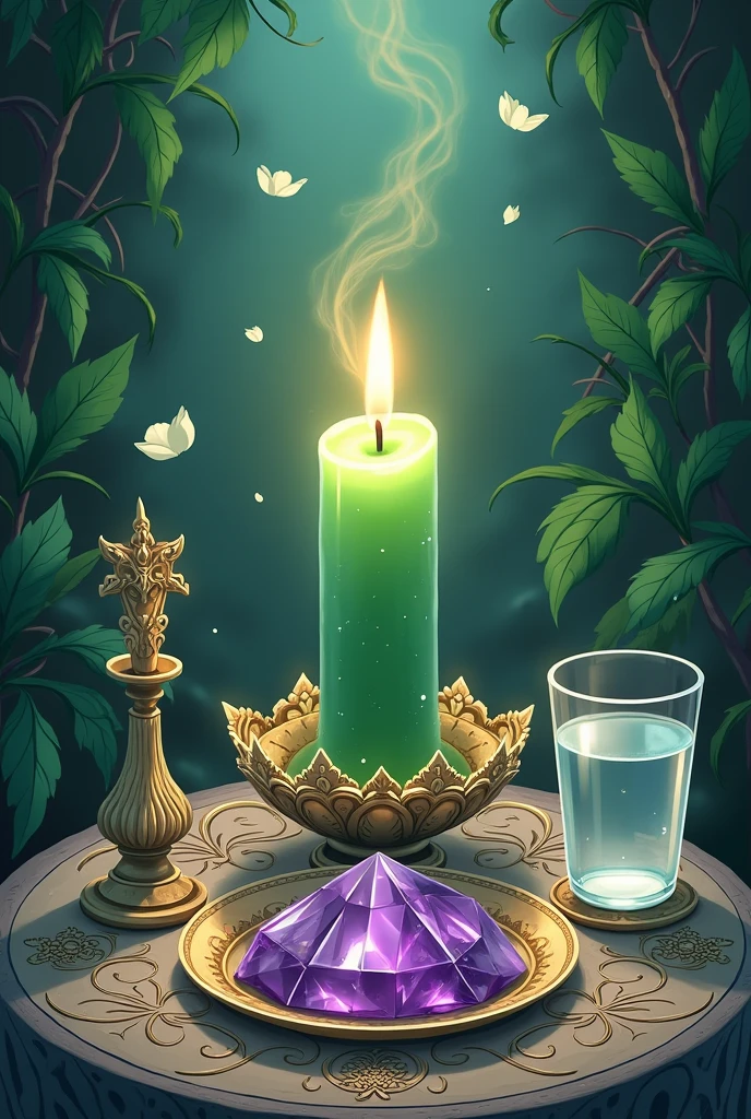 Help me generate an altar, with a lit green candle, a bundle of silver to make incense, an amethyst quartz, and a glass of water, This with an anime style