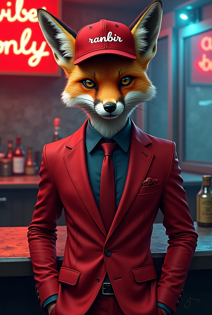 A captivating hand-drawn sketch of an anthropomorphic male fennec fox in a crisp red suit outfit. He is in a grimy bar setting and is wearing a baseball cap with the text "Ranbir". The background contains a neon sign with the words "Good Vibes Only". The style is hyper-realistic, digital, with vibrant neon, textured, and a gritty atmosphere.