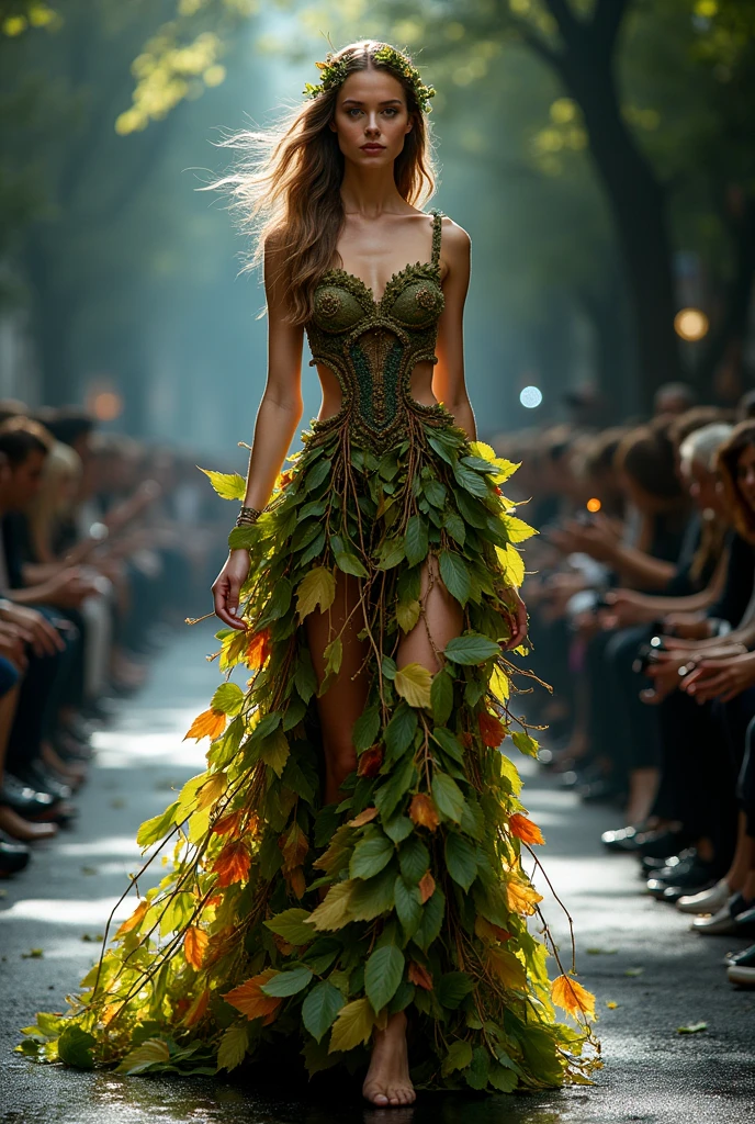 A breathtaking supermodel gliding down the catwalk with the grace of a mythical nymph. She is adorned in an avant-garde dress crafted entirely from vibrant, lush leaves that shimmer under the runway lights, creating an illusion of walking through a sunlit forest. The leafy gown clings to her slender figure, its intricate design highlighting her feminine curves while allowing for a sense of ethereal flow with every step she takes. The leaves are a kaleidoscope of greens, golds, and reds, resembling an autumnal bouquet that has come to life. The garment is masterfully constructed, with strategically placed branches and vines serving as straps and a corset-like structure to accentuate her waist. Her hair is styled in loose waves that cascade down her back, adorned with delicate leafy accessories that complement the natural theme. The supermodel's makeup is understated yet striking, with a dewy glow to her skin and a soft smoky eye that mimics the shadows of the woods. Her gaze is intense and focused, as if she's the embodiment of nature's beauty reclaiming the urban landscape. The catwalk beneath her is a stark contrast of sleek black, emphasizing the organic splendor of her attire. The audience is captivated, their cameras flashing like a thousand fireflies, attempting to immortalize the moment of her majestic passage. The background is a blur of city lights and concrete, setting a dramatic backdrop for this unexpected encounter with the wild elegance of nature. The overall effect is a harmonious fusion of fashion and the environment, leaving viewers in awe of the designer's vision and the model's poise as she commands the runway in this leafy masterpiece.