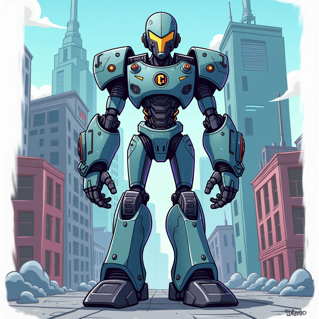 Cartoon design of syborg without figure and tall and without big head in teen titans animation on the building