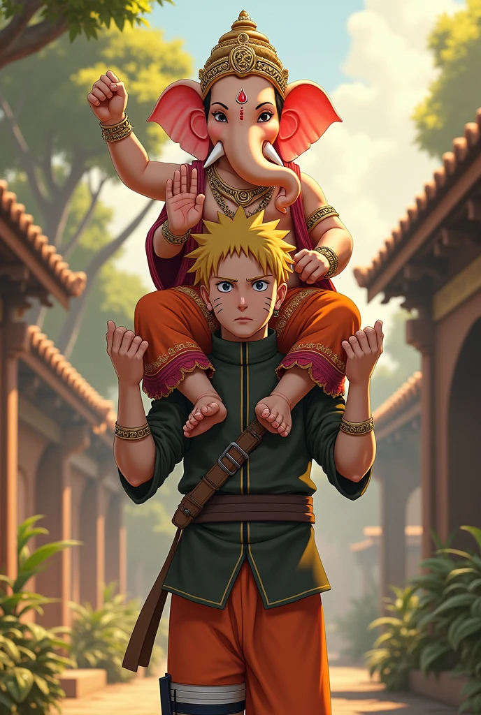 Naruto uzumaki lifted Lord child Ganesh on his shoulder in traditional Ware