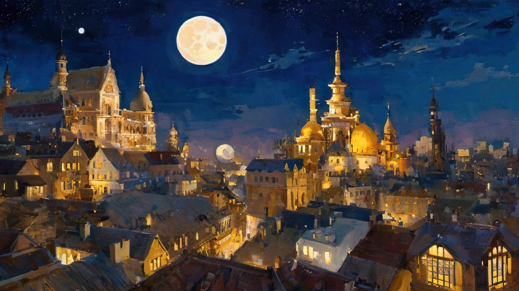 Painting of several people looking at the moon on the roof, in front of a big moon, looking at the moon, the moon shines with golden light, moonlight fish eye illustration, in front of the moon, looking at the full moon and cheering , cartoon style