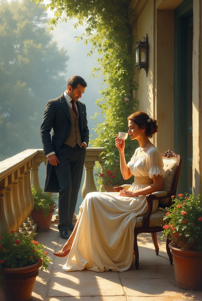 An impressionistic artwork of a fine lady enjoying her morning tea-time in the lovely balcony of her home, behind her is a suspicious man, dressed like a fine gentleman