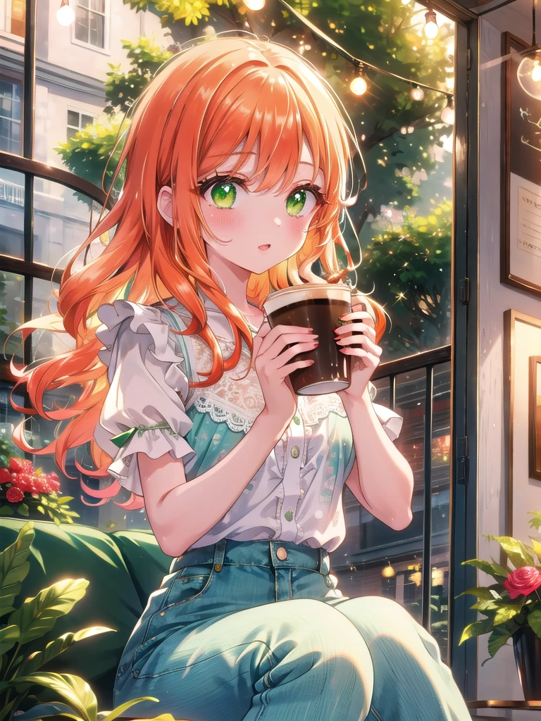 ((8k, Best Quality, Masterpiece: 1.3)), Ultra High Resolution, ( Girl, Solo), (Color Changing Eyes, Ultra Detailed, Expressive Sparkle, Shimmering, Glowing Eyes), Highly Detailed Eyes,In a charming outdoor café terrace, a girl with vibrant orange semi-long hair and bright emerald green eyes enjoys a delightful coffee break. Her hair, styled into soft waves that catch the sunlight, frames her face and highlights her expressive eyes. She wears a stylish yet girly modern outfit—a pastel-colored blouse with a gentle floral print and a pair of high-waisted, light denim shorts that complement her youthful appearance. The blouse features delicate ruffles and lace details, adding a playful touch. She sits at a small café table with a coffee cup in hand, her emerald green eyes sparkling with happiness as she takes a sip. The terrace is adorned with potted plants, a few hanging fairy lights, and comfortable seating, all contributing to a relaxed and inviting atmosphere. The combination of her bright orange hair, striking green eyes, and the café’s charming decor creates a vibrant and cheerful scene, perfectly capturing the essence of a refreshing coffee break.