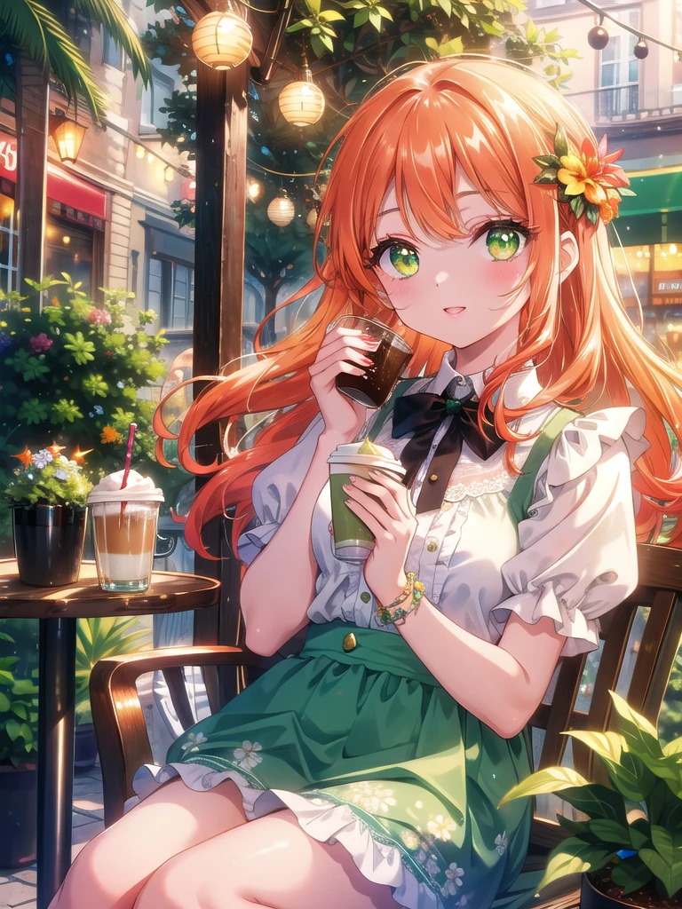 ((8k, Best Quality, Masterpiece: 1.3)), Ultra High Resolution, ( Girl, Solo), (Color Changing Eyes, Ultra Detailed, Expressive Sparkle, Shimmering, Glowing Eyes), Highly Detailed Eyes,In a charming outdoor café terrace, a girl with vibrant orange semi-long hair and bright emerald green eyes enjoys a delightful coffee break. Her hair, styled into soft waves that catch the sunlight, frames her face and highlights her expressive eyes. She wears a stylish yet girly modern outfit—a pastel-colored blouse with a gentle floral print and a pair of high-waisted, light denim shorts that complement her youthful appearance. The blouse features delicate ruffles and lace details, adding a playful touch. She sits at a small café table with a coffee cup in hand, her emerald green eyes sparkling with happiness as she takes a sip. The terrace is adorned with potted plants, a few hanging fairy lights, and comfortable seating, all contributing to a relaxed and inviting atmosphere. The combination of her bright orange hair, striking green eyes, and the café’s charming decor creates a vibrant and cheerful scene, perfectly capturing the essence of a refreshing coffee break.