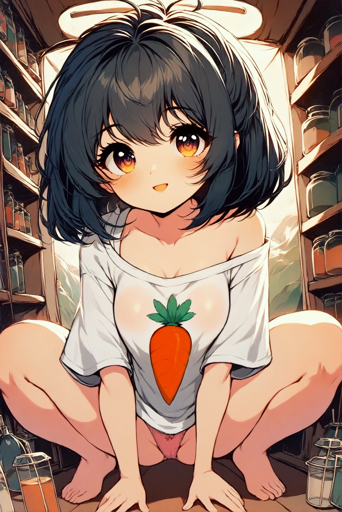 1 girl，Squatting on the ground，Large off-shoulder T-shirt，White clothes with carrot pattern printed on them NSFW,Pink ribbon panties，Open hands，black hair，Bob&#39;s short hair reaches shoulders，Expression smile，Tilt your head，open mouth，Short skirt。looking at the front。Full body picture，Human eye perspective shooting, Perfect fingers
