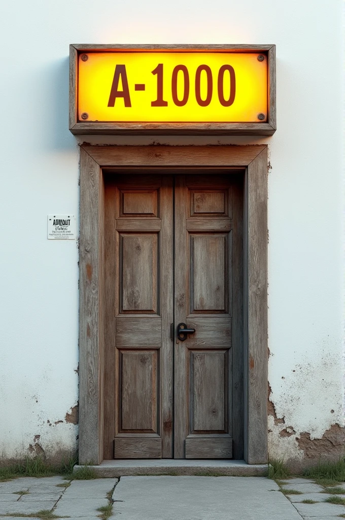 A brown old door in a white wall with a yellow brightness sign that says A-1000