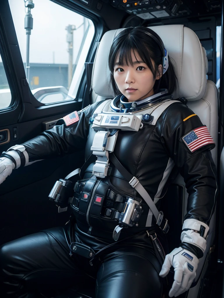 Japanese female astronaut,Black Hair,The spaceship's cockpit,Fully secured in the seat by a harness,A tight-fitting space suit,On life support,Plump,Slightly thicker,Squat