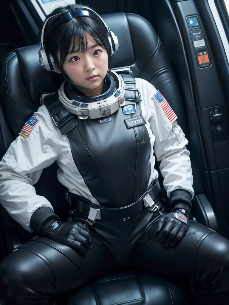 Japanese female astronaut,Black Hair,The spaceship's cockpit,Fully secured in the seat by a harness,A tight-fitting space suit,On life support,Plump,Slightly thicker,Squat
