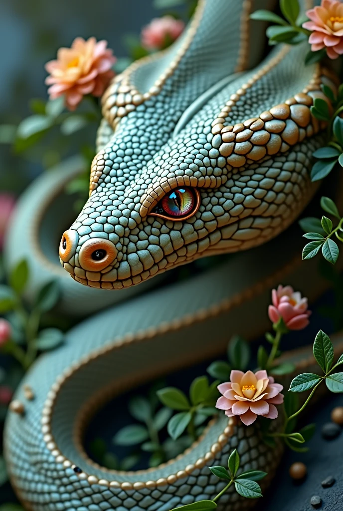 The word "serpent" in tiny snake scale letters, snake head serpent, masterpiece, high quality, Ultra HD, highly detailed, masterpiece, best quality, flowers, vines,