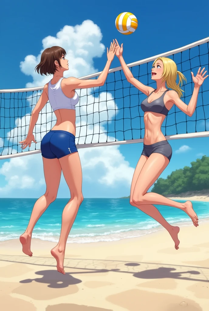 ((best quality)), ((masterpiece)), (detailed), 1 woman with short brown hair,White Crop Rash Guard, Blue bikini bottoms,1 long blonde hair woman, Gray sports bra, gray bikini bottoms, Beach volleyball