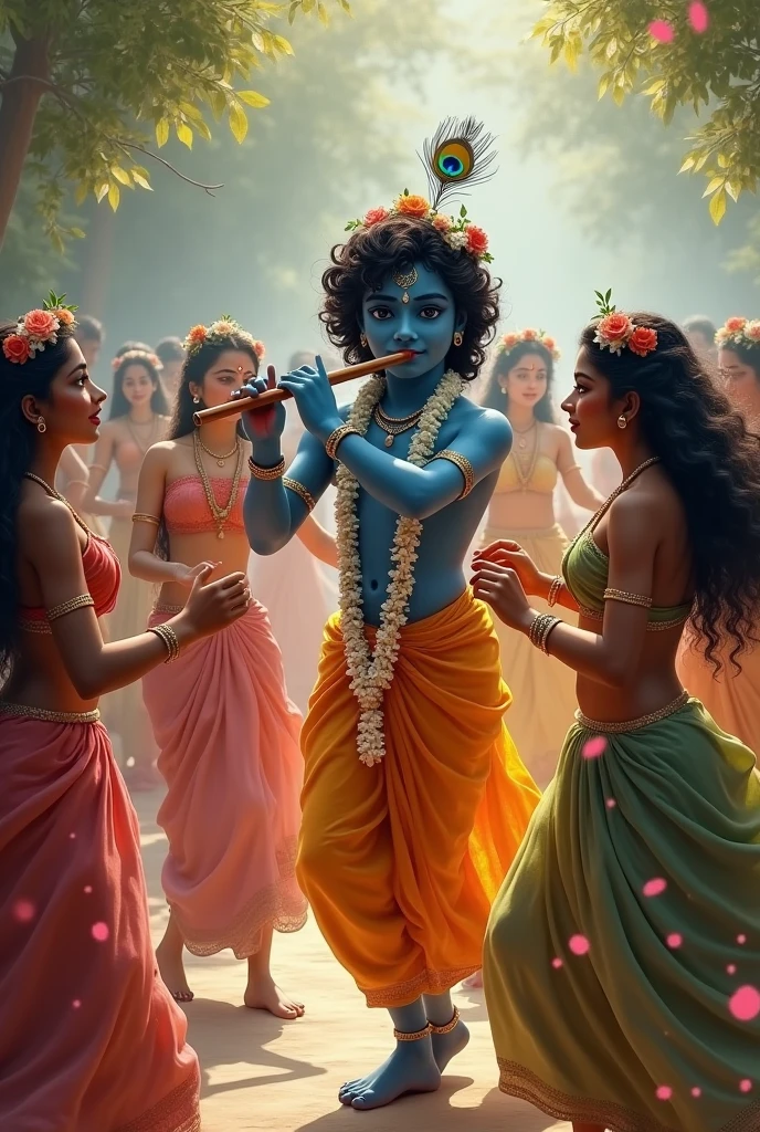In a serene and enchanting setting, adult Lord Krishna stands gracefully, playing his flute with a captivating melody. His dark blue complexion contrasts beautifully with the vibrant peacock feather on his head and the delicate garland of white flowers around his neck. Around him, the adult Gopis, adorned in colorful ghagra cholis, dance with joy and abandon. Their hair, braided and embellished with tiny flowers, sways in rhythm with their movements. The scene is a harmonious blend of divine music and joyous dance, illustrating a timeless celebration