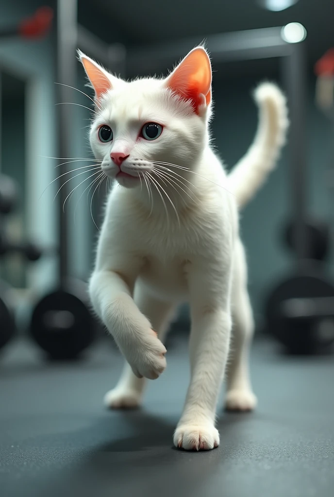 A skinny white cat is doing push-ups with one hand in the gym