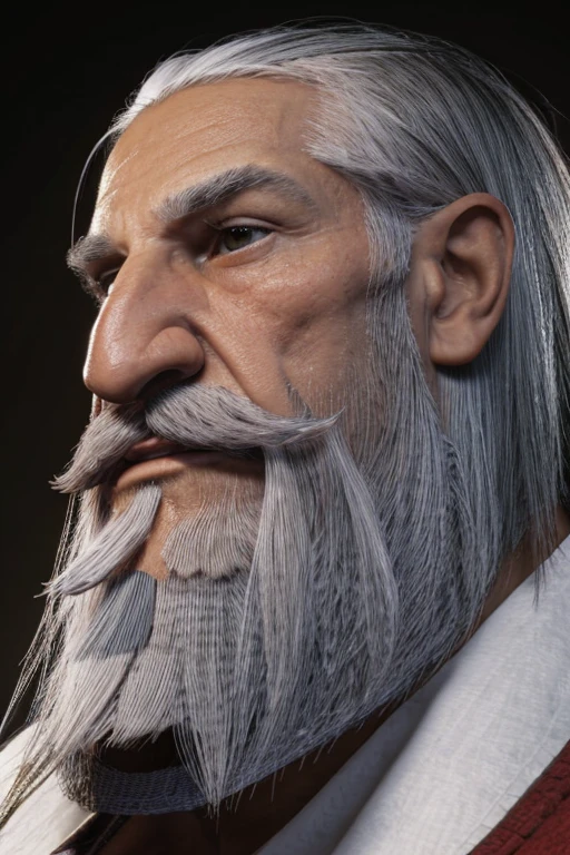 80 year old handsome muscular man with white beard,  well groomed moustache, bushy grey eyebrows, absurdly huge nose, hawk nose, concave nose, nose with pronounced bridge and outward curve that protrudes from the base of the nose, big old man nose, 80 years old daddy, charming eyes, burly, hunk, mature male, bara, robust appearance
