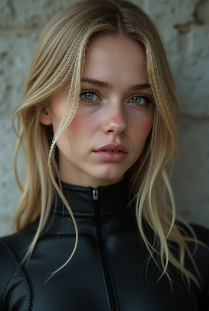 ((Best Quality, 8K, Masterpiece: 1.3, best quality)), photorealistic, photorealism, high resolution, ((face close up:1.2)), (detailed face skin, reallistic, Photorealsitic:1.37), face of 1girl , looking at the viewer, (Detailed face), medium long blonde hair, (wearing black rubber suit), concrete wall background,