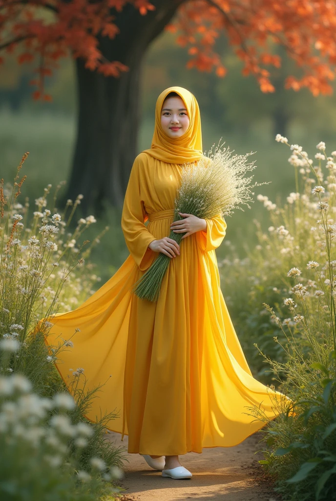 An adult girl wearing a hijab yellow shawl churvy wears a long yellow dress like flowing water made of chiffon, wears white shoes, is in a place where lots of weeds grow, the flowers are white, and there is a tree whose fallen leaves are red. . smiling while holding white flowering wild grass.