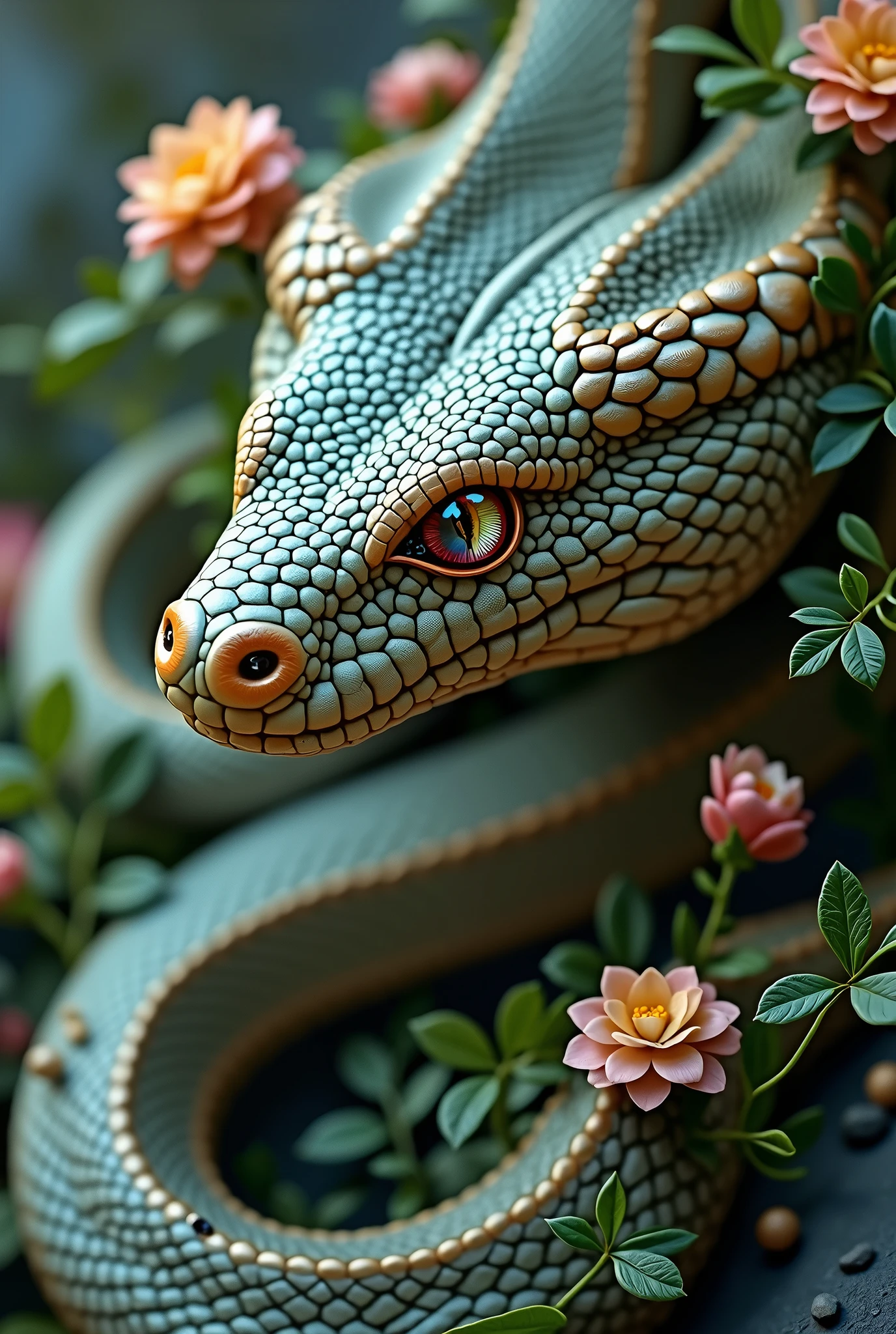 The word "serpent" in tiny snake scale letters, snake head serpent, masterpiece, high quality, Ultra HD, highly detailed, masterpiece, best quality, flowers, vines,