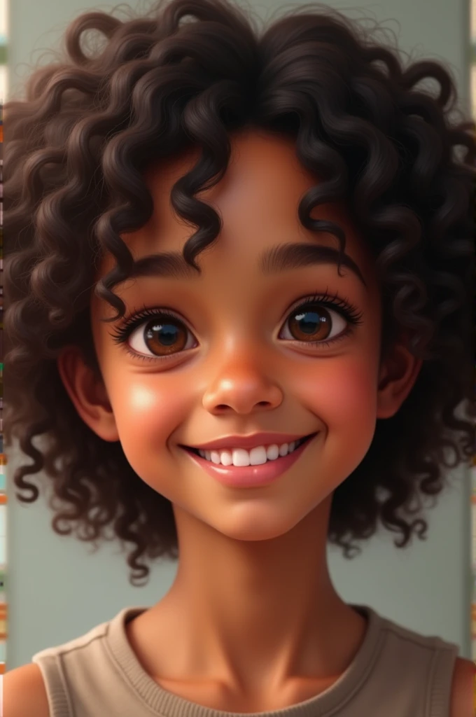 mixed race , very curly dark brown hair, Brown eyes, he gives a charming smile