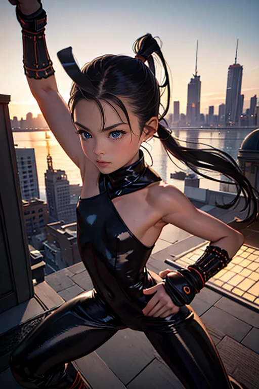 ((masterpiece, extremely realistic, photo-realism, extremely precise in every detail, best quality, beautiful detailed glow, beautiful attention to detail)), a girl, 12-years-old, skinny body, (flat chest:1.4), (wearing decorated glossy dark-orange catsuit), on the Rooftop of a building, ((Combat Stance, fighter pose:1.1)), kunoichi, Ninja, heroic thrust-kick, day time