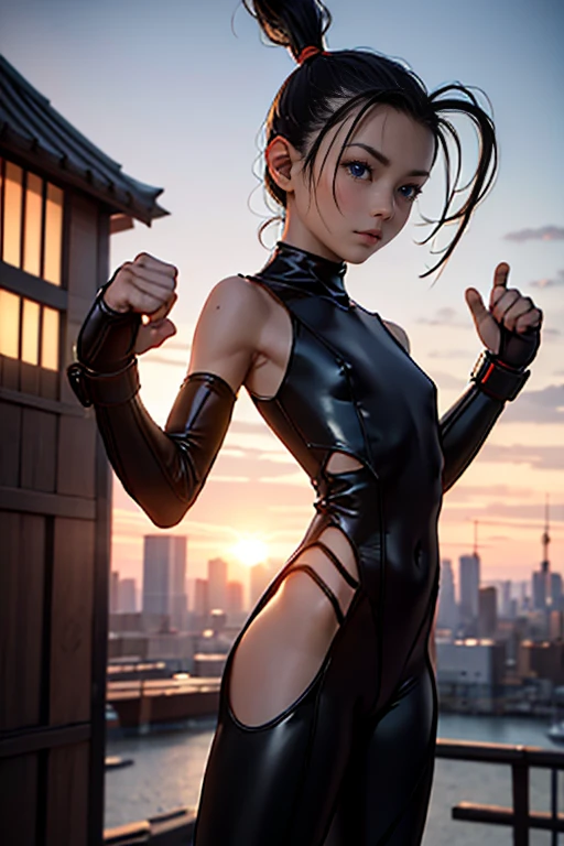 ((masterpiece, extremely realistic, photo-realism, extremely precise in every detail, best quality, beautiful detailed glow, beautiful attention to detail)), a girl, 12-years-old, skinny body, (flat chest:1.4), (wearing decorated glossy dark-orange catsuit), on the Rooftop of a building, ((Combat Stance, fighter pose:1.1)), kunoichi, Ninja, heroic thrust-kick, day time