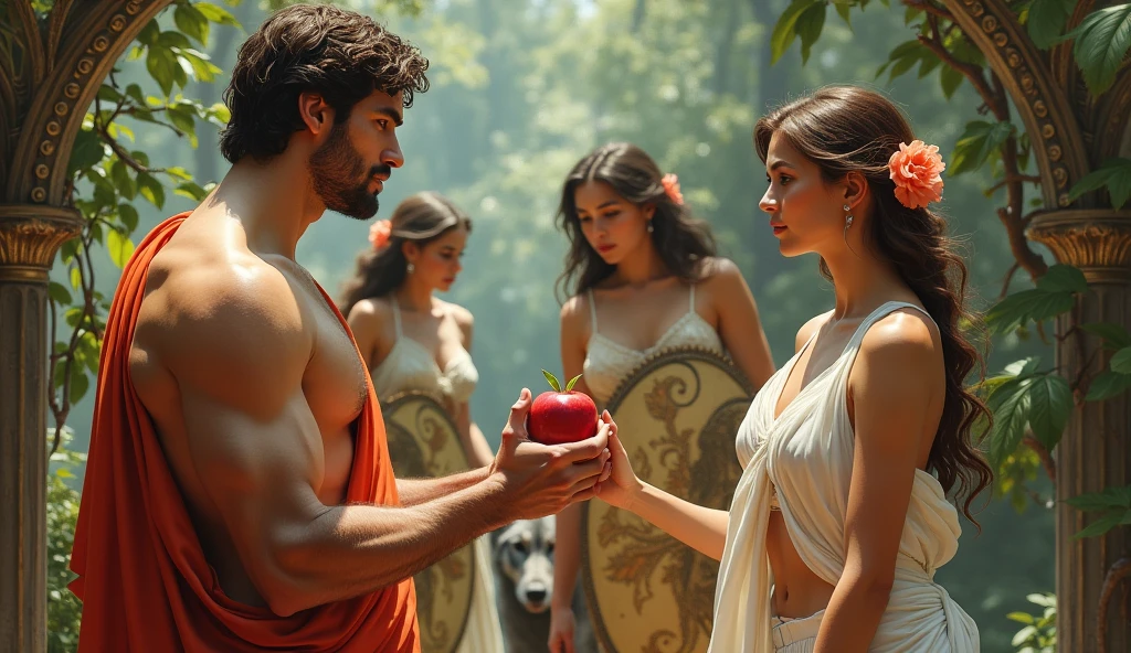 fullbody, painted of full body of four peoples, foot on ground, a standing greek handsome man give an apple to a naked woman with flower, a woman with shield, a woman stand front of a wolf, masculine, mature, muscular, hairy torso, fantasy, intricate, elegant, highly detailed, digital painting, artstation, concept art, smooth, sharp focus, illustration, art by gaston bussiere and alphonse mucha, looking each other.