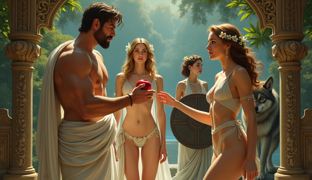 fullbody, painted of full body of four peoples, foot on ground, a standing greek handsome man give an apple to a naked woman with flower, a woman with shield, a woman stand front of a wolf, masculine, mature, muscular, hairy torso, fantasy, intricate, elegant, highly detailed, digital painting, artstation, concept art, smooth, sharp focus, illustration, art by gaston bussiere and alphonse mucha, looking each other.