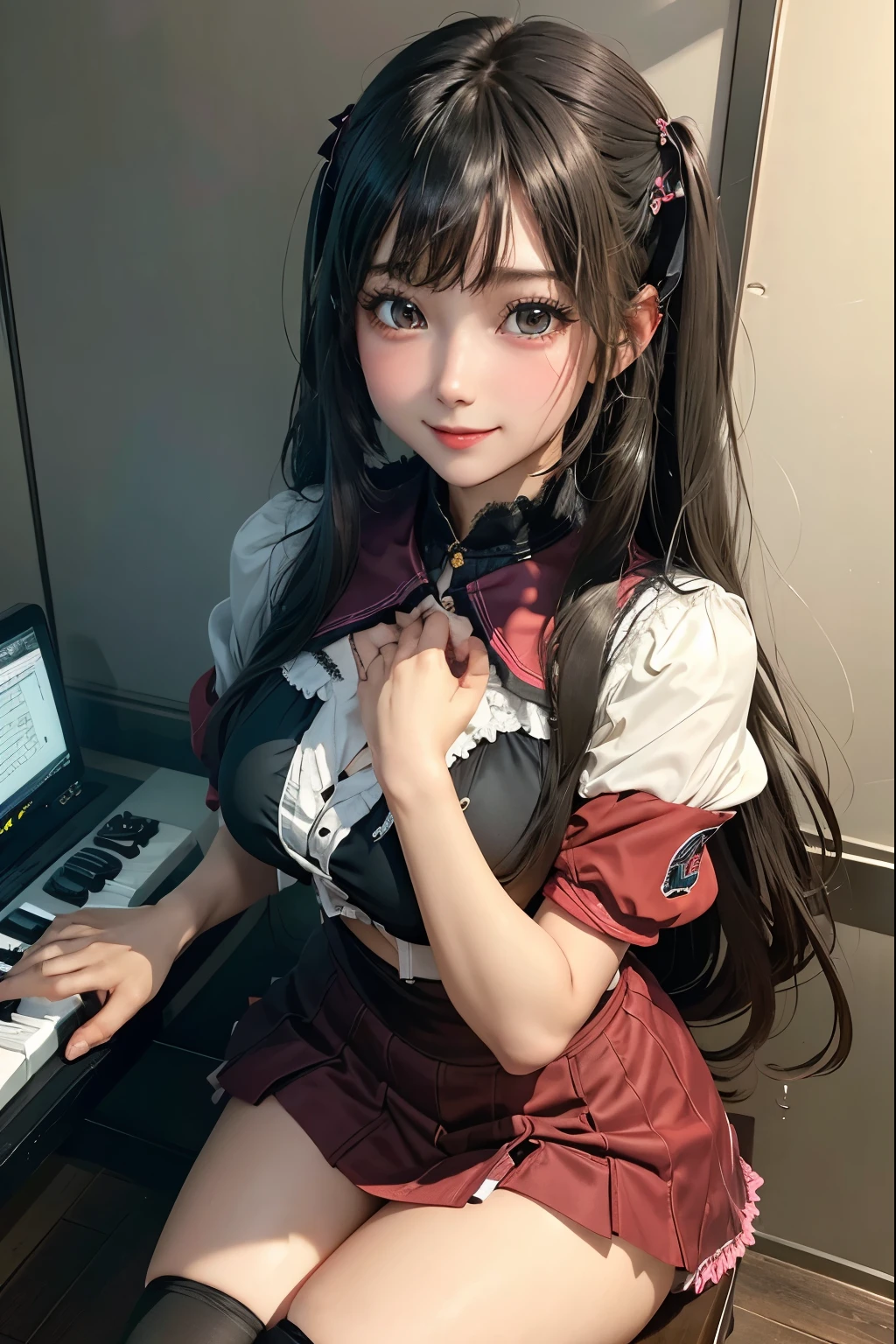 high school girlブレザー、high school girl、Red checked skirt、JK Style、Jacket、smile、garter、Knee socks、Panty stocking、Otherworldly beauty、Really cute、boredom、Extraordinary beauty、Dark black eyeshadow、sorrow、Good skin radiance、Long Hair Straight Hair、Dark Gothic Makeup、暗いsmile、Beautiful woman、Stained Glass Background、On the table、Highest quality、5 reference books、Sweat glistens on my chest、Sweat glistens on my face、Thigh sweat、sweating、Black frill East size Regular size、Dark pink hair、2、Sweat on your thighs、Sweat a lot and become sticky。、My thighs are sticky and shiny、Sweating on thighs and chest、Small breasts、Slightly slim、Sweating all over the body、Ah, I play the synthesizer.、sit and play an instrument、Thin legs、Two people、Lesbian couple、hug、私の女友達はReally cute顔をしている、My female friend has a very beautiful face.、Do lesbian play、Super straight hair、Extremely fair skin、Play the synthesizer、Sexy expression、Sitting in front of a synthesizer instrument、The expression of someone who is trying to hold back from masturbating、Panting expression、Ecstatic expression、Working with synthesizers、Playing a keyboard instrument、