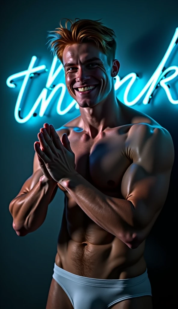 nsfw, gay, homoerotic, best quality, masterpiece, hyper realistic, extremely detailed, "Thank" text in blue neon lights in the background, huge bulge in extremely tiny white string jockstrap, extremely handsome ginger man, palms touching, smile, half body, fill frame, dark cinematic lighting, extremely dramatic shadows, no background, perfect face, perfection, no signature, no logo