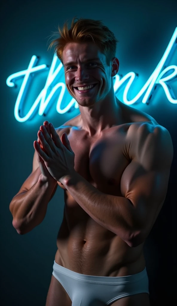 nsfw, gay, homoerotic, best quality, masterpiece, hyper realistic, extremely detailed, "Thank" text in blue neon lights in the background, huge bulge in extremely tiny white string jockstrap, extremely handsome ginger man, palms touching, smile, half body, fill frame, dark cinematic lighting, extremely dramatic shadows, no background, perfect face, perfection, no signature, no logo