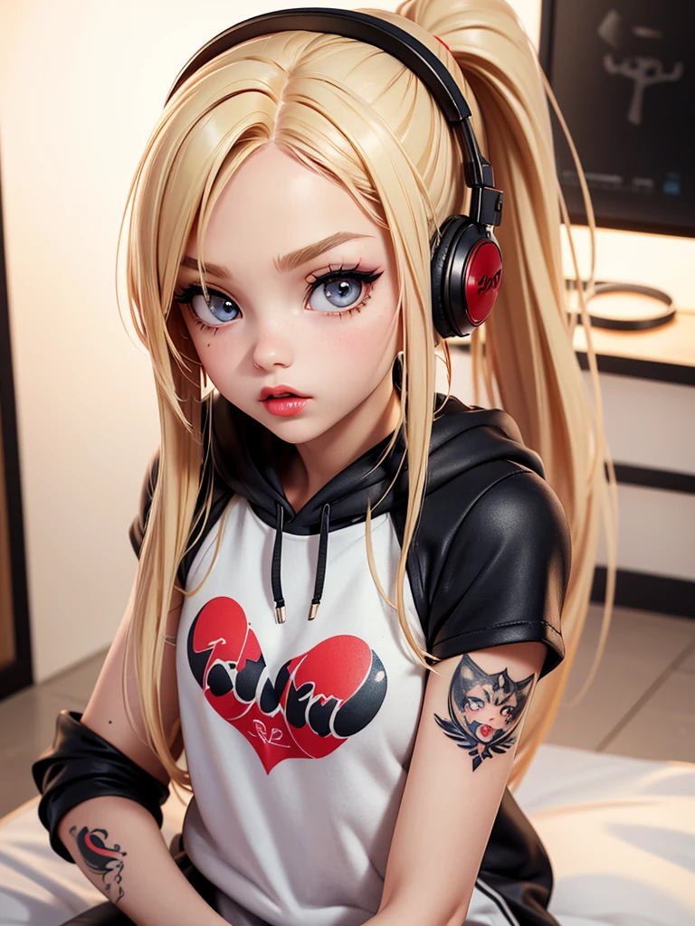Surreal American , blonde, ponytail,tall, perfect Small body, sexy, Heavy makeup, Perfect slim face, Big Red Lips, Very cute face, , Big eyes, looks young, Mature appearance, 少し few clothes,tattoo,tattoo,tattoo,tattoo,Cut and sew dress ,hoodie,Absolute territory ear headphones,