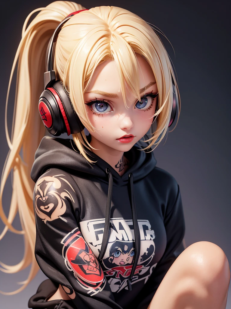 Surreal American , blonde, ponytail,tall, perfect Small body, sexy, Heavy makeup, Perfect slim face, Big Red Lips, Very cute face, , Big eyes, looks young, Mature appearance, 少し few clothes,tattoo,tattoo,tattoo,tattoo,Cut and sew dress ,hoodie,Absolute territory ear headphones,