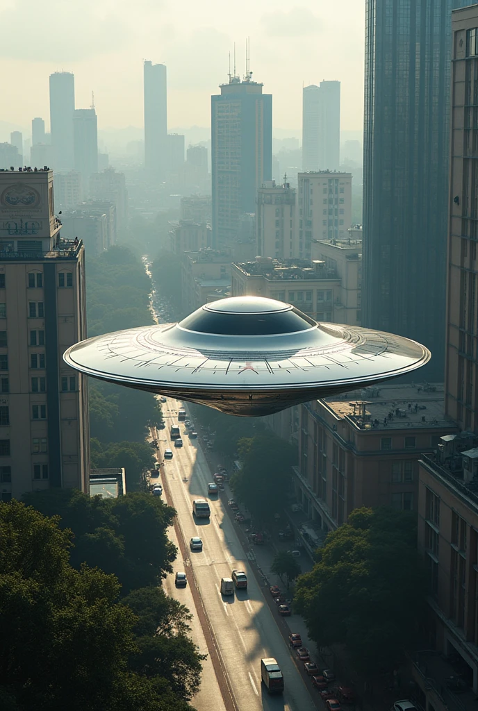 Create a flying saucer flying in the sky of Ho Chi Minh City, Saigon Vietnam, flying close to tall buildings, lanmart 81, Bitexco, extra player