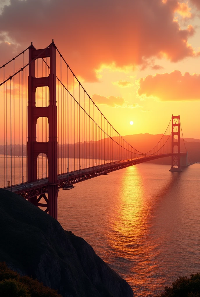 The Golden gate birge, in the background, the city of San Francisco, at sunset