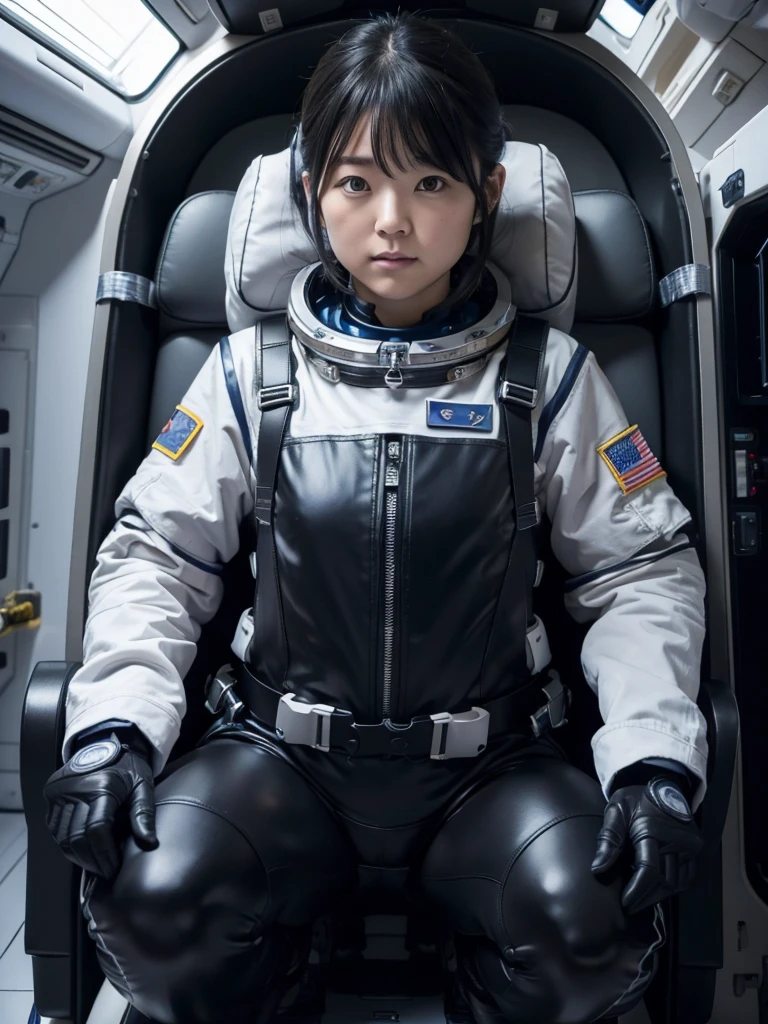 Japanese female astronaut,Black Hair,The spaceship's cockpit,Fully secured in the seat by a harness,A tight-fitting space suit,On life support,Plump,Slightly thicker,Squat