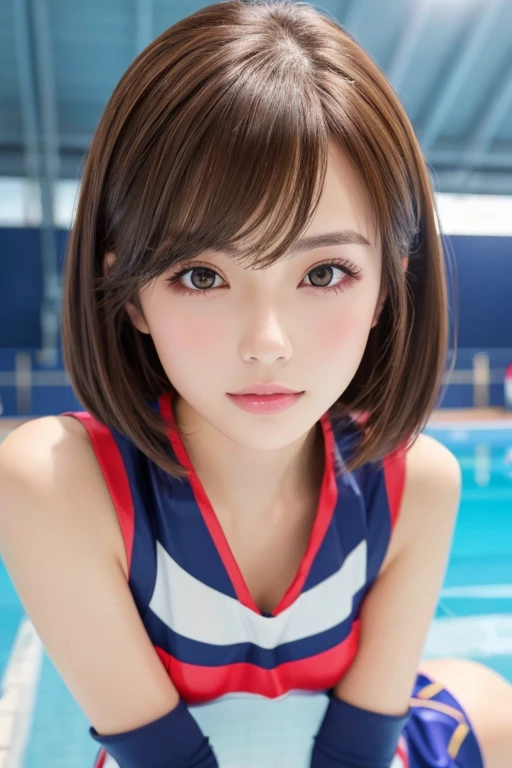 Latex bodysuit、Knee-high boots、Huge 、Long brown hair、Shiny, Oily skin、Glowing Skin、Indoor competition pool、White skin、Realistic、Masseter region、Highest quality、High resolution、RAW Photos、Realistic、Bright lighting、Face Light、Smooth Professional Lighting、Japanese women、Beautiful woman、Modeled、gravure、sexy、so beautiful、Realisticで美しい肌、Beautiful and detailed、Detailed face、slim、Cleavage、short hair、Brunette Hair、Brown eyes、Looking into the camera、Cheerleader、Cheerleader、Cheerleader