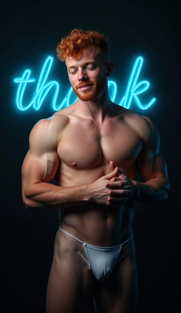 nsfw, gay, homoerotic, best quality, masterpiece, hyper realistic, extremely detailed, "Thank" text in blue neon lights in the background, huge bulge in extremely sexy tiny white gstring, extremely handsome ginger man, palms touching, smile, half body, fill frame, dark cinematic lighting, extremely dramatic shadows, no background, perfect face, perfection, no signature, no logo